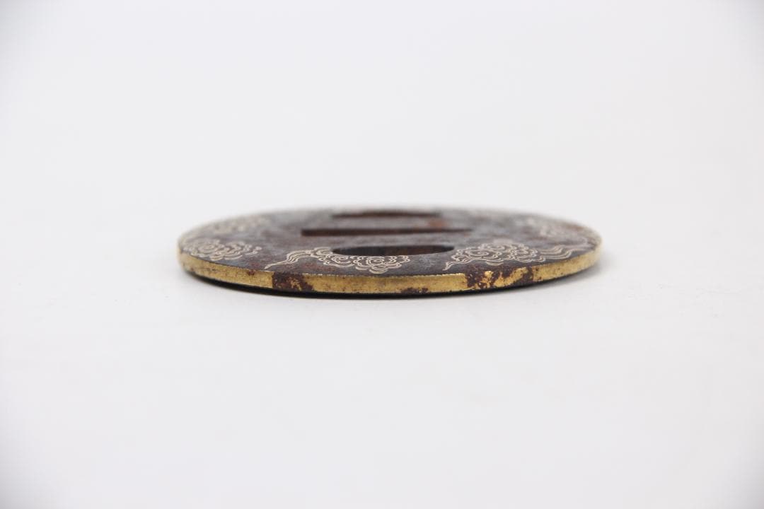 江戸期 鍔 無銘 古鉄製 金象嵌 雲竜文 N11-3