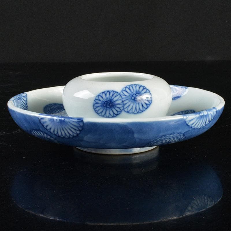 三川内焼　平戸焼　染付　菊文　盃基　盃台　時代箱付　M　R5994