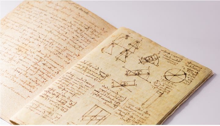 イタリアの専門職人の手によるLeonardo Da Vinci の書物の復元作品