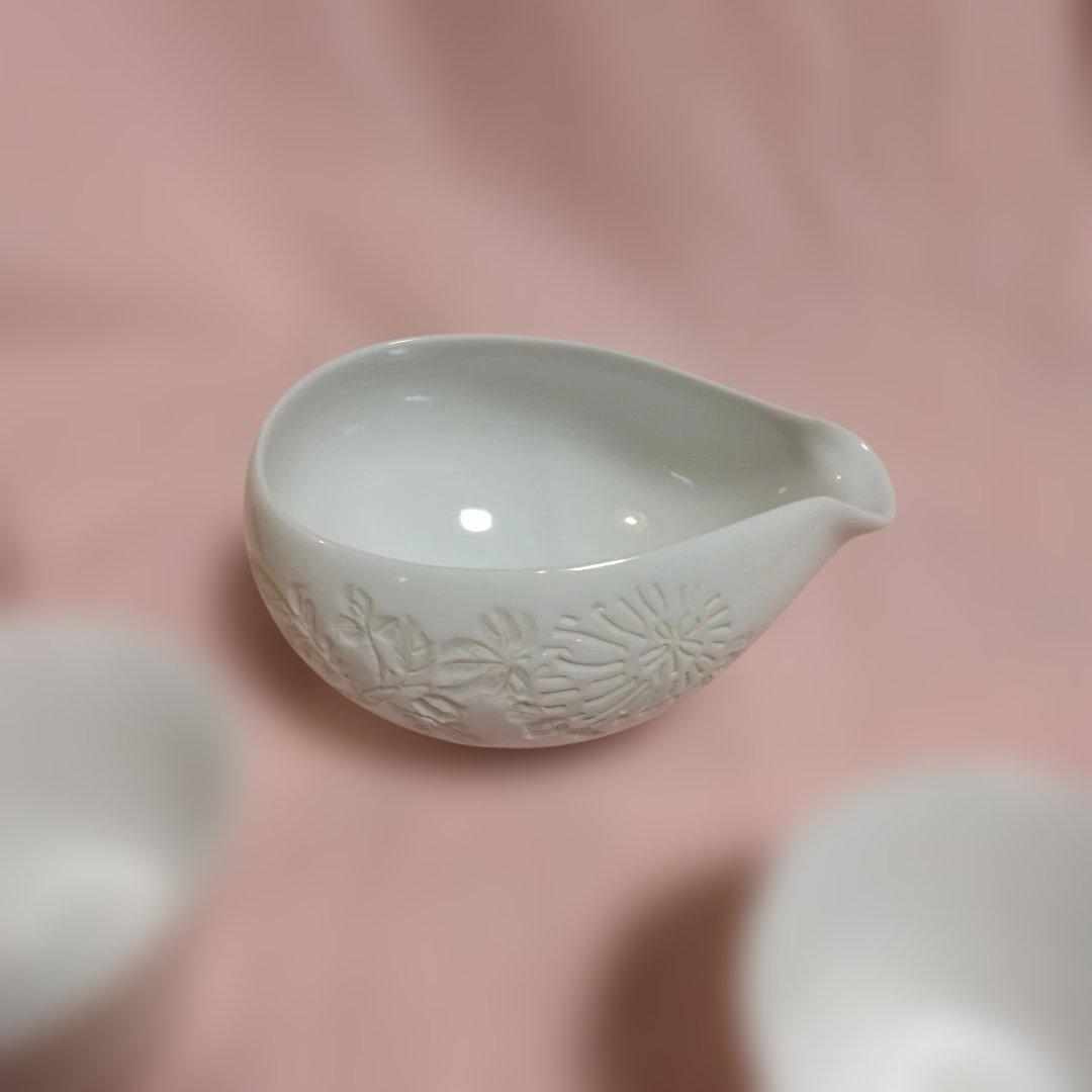 出石焼　永澤永山作　菊花刻白磁 煎茶器