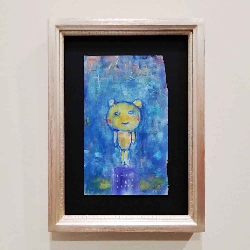 内野隆文　夜のくま　絵画　アンティークペーパー　アクリル画　現代美術　額付　真作