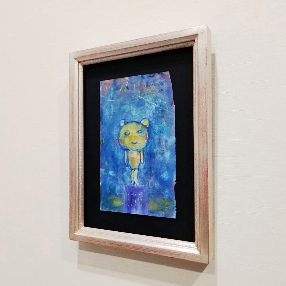 内野隆文　夜のくま　絵画　アンティークペーパー　アクリル画　現代美術　額付　真作