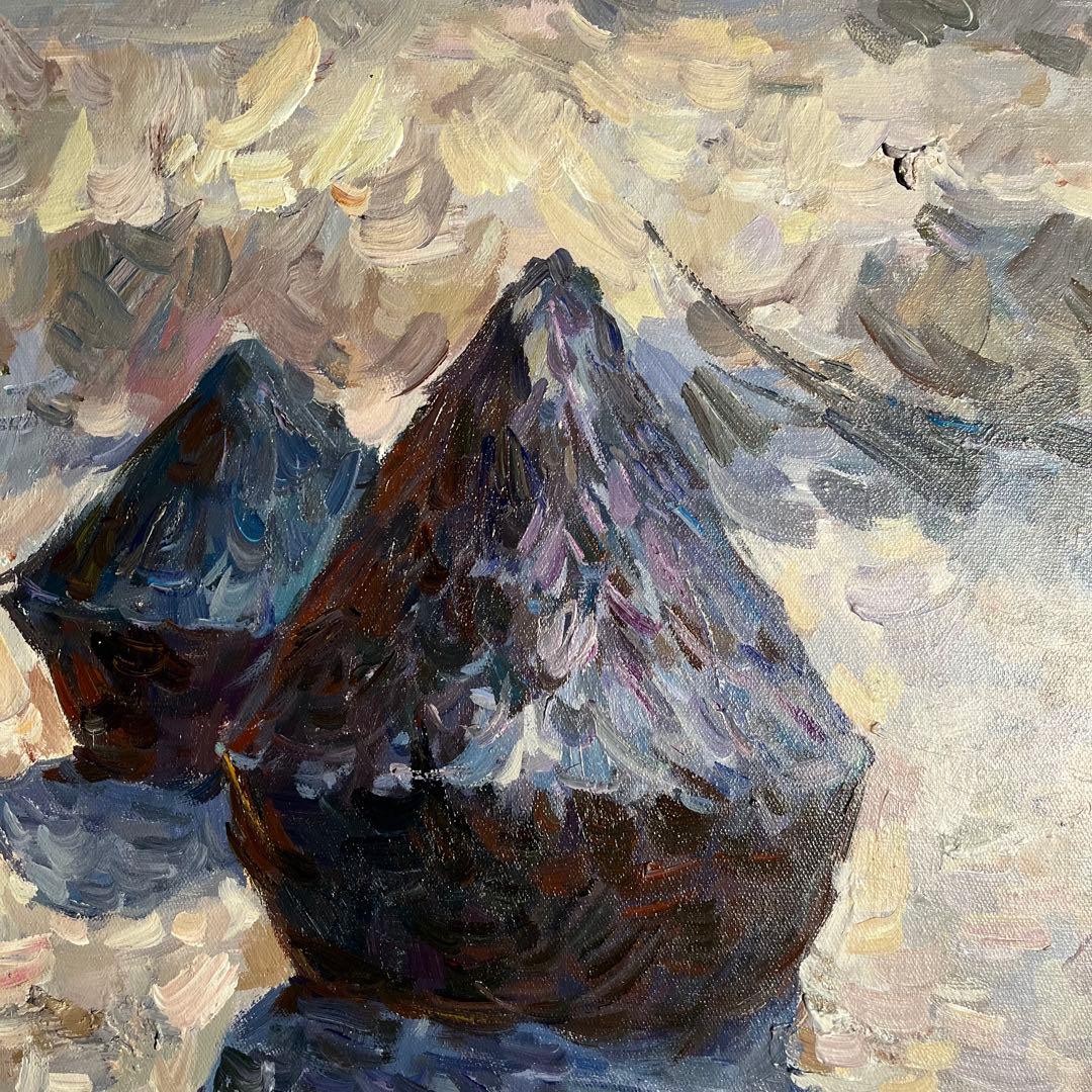 手書き油絵 クロード・モネ 積みわら 雪の効果 額付 絵画 インテリア 油彩画