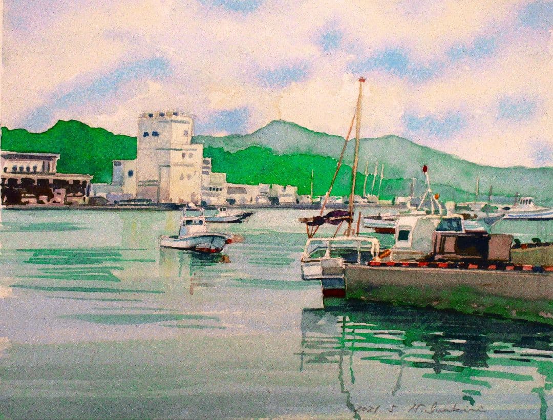 港の風景 水彩画 原画 F6サイズ額装済み