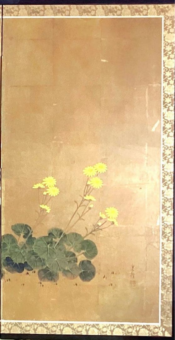 四つ折り屏風　日本画　金箔彩色　『菊にツワブキ』