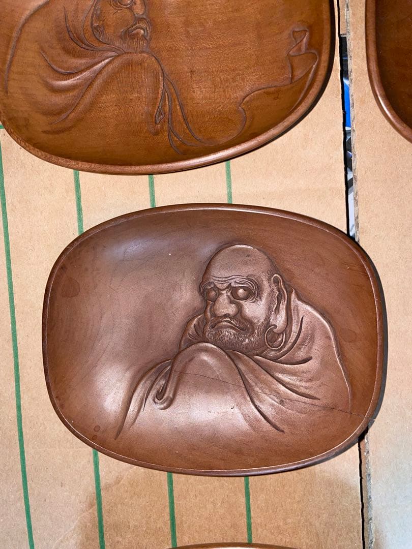 芳嶺　菓子皿　茶器　杉浦芳嶺　達磨？　木製 茶托 5枚　煎茶　彫刻