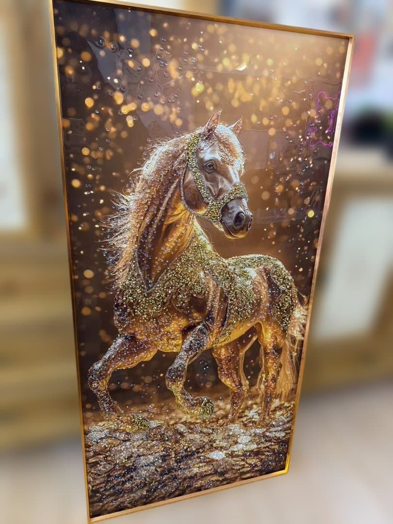 アートパネル　馬　ゴールド　水晶絵　キラキラ　金運　絵　額縁　壁掛け　アート