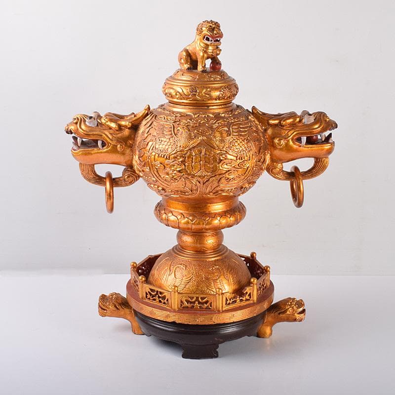 中国　玉石彫　彩色鍍金　神獣　大香炉　重さ約14㎏ V 4108C