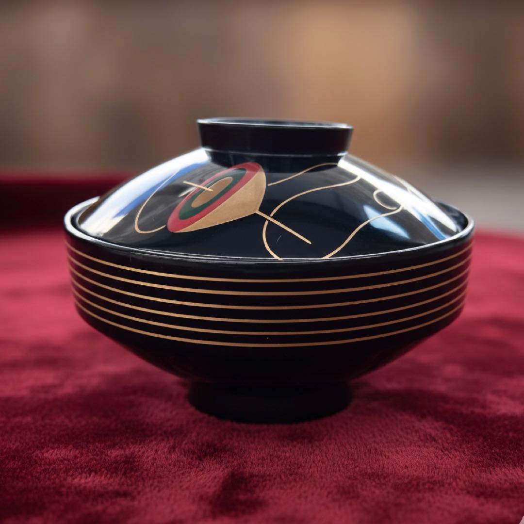 【時代物】金沢漆器 能作謹製 独楽蒔絵 千筋吸物椀×5客セット縁起物 民藝