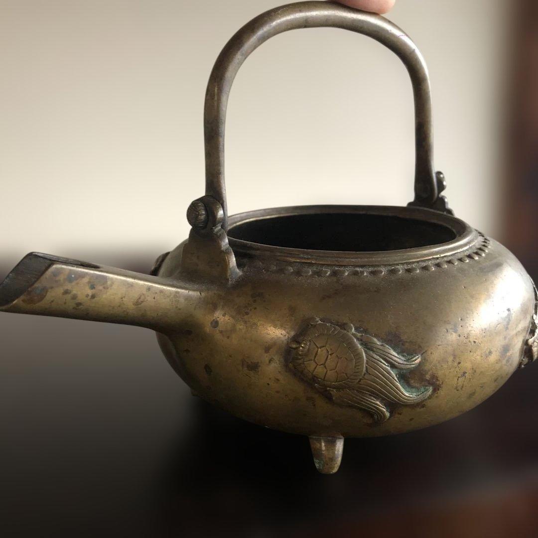 中国古玩 大明宣徳年製 蓋なし底抜け 古銅 急須 581g