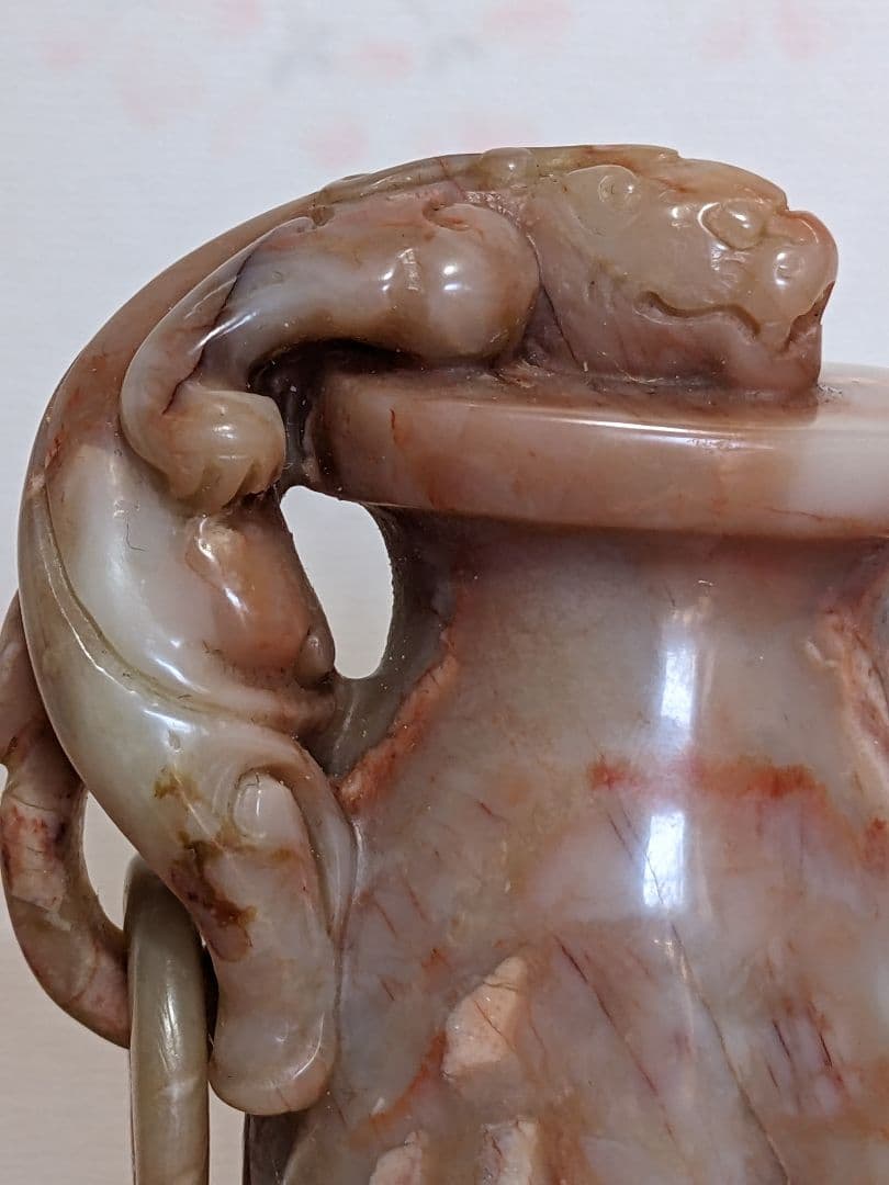 ⭐中国 最上級 巴林石 神獣 自在遊環双耳壺形 玉器 置物飾り 玉石文化 骨董品