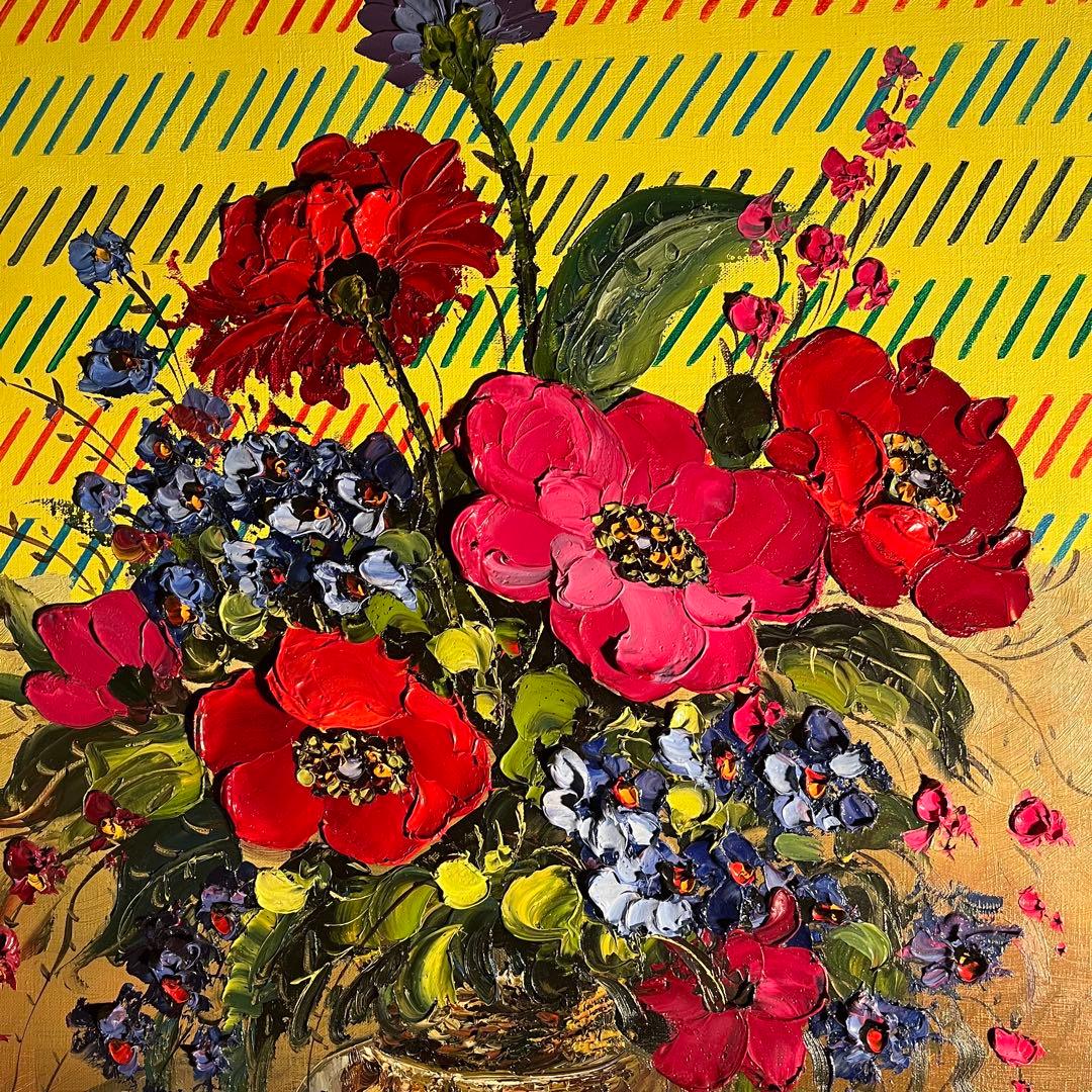 ★特大秀作★ 手書き油絵 花瓶の花 額付き 絵画 インテリア油彩画