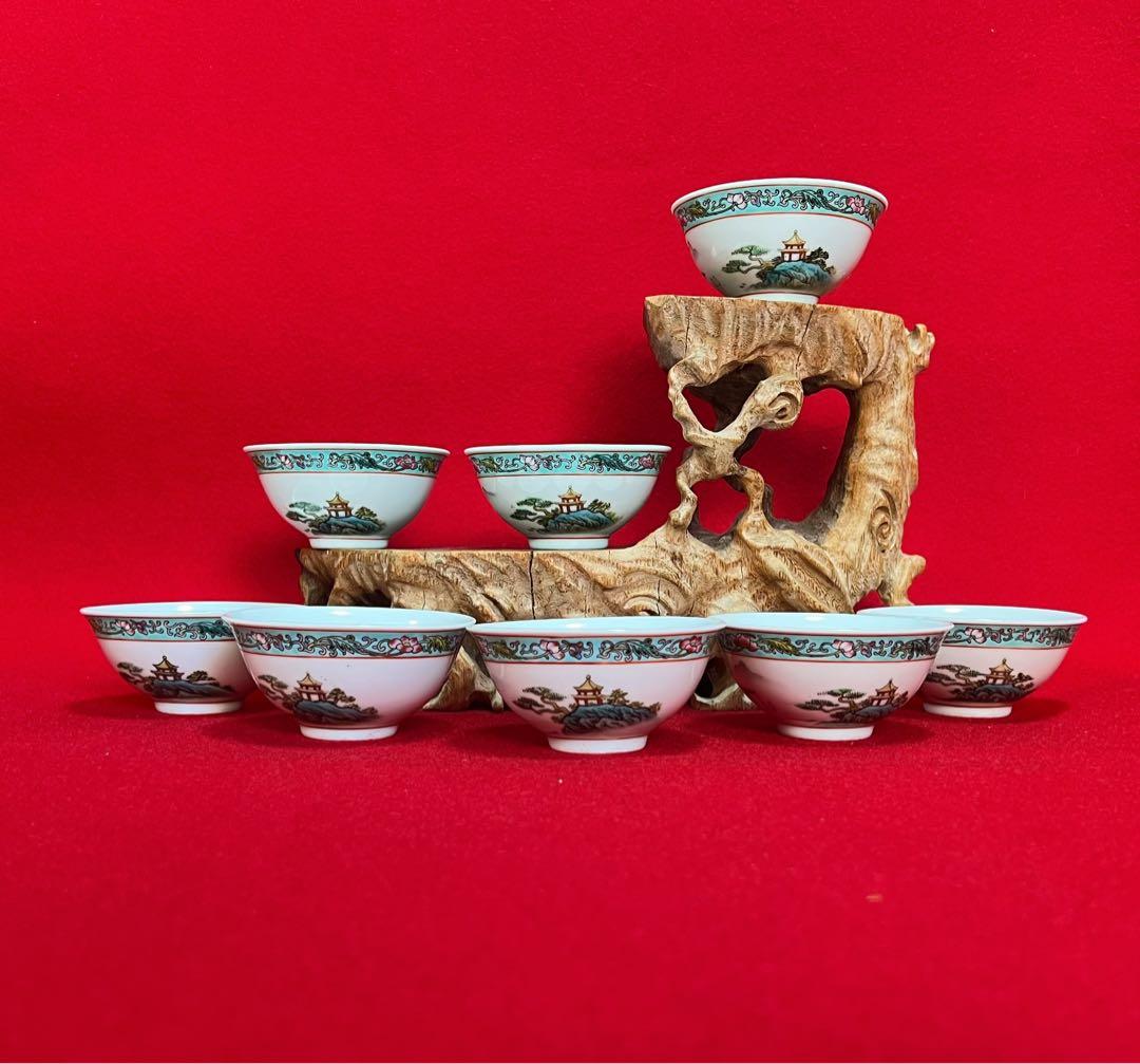 中国美術 茶道具 煎茶碗 茶碗 茶器 中国景德鎮製 山水風景 亭台樓閣 八客