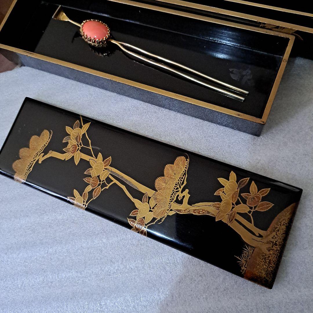 Jun  お値下げ中　　古美術　江戸中　装飾品箱　かんざし箱　極上金彩