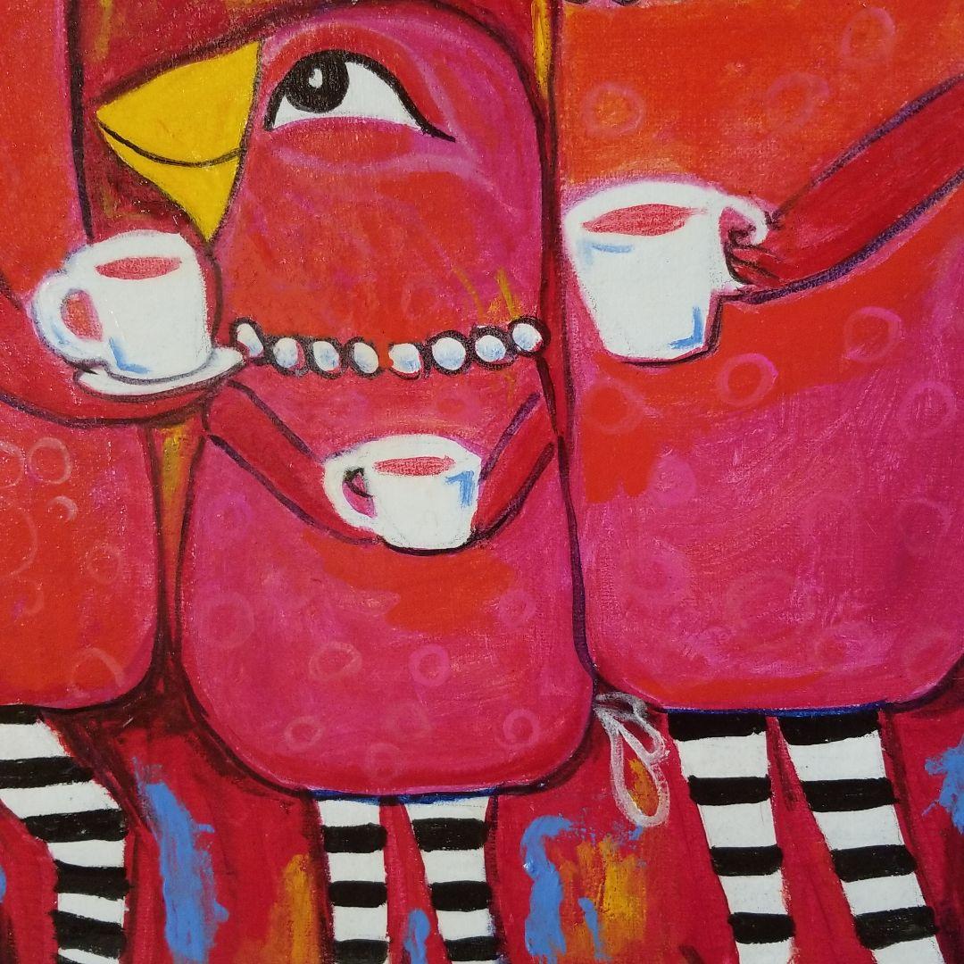 油絵　ロンロンロン　鳥の家族のティータイム