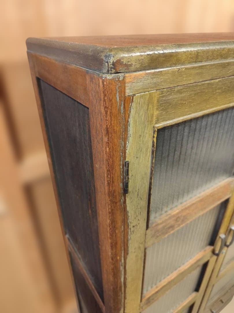 訳あり 昭和レトロ キャビネット モールガラス 収納棚 本棚 修復あり