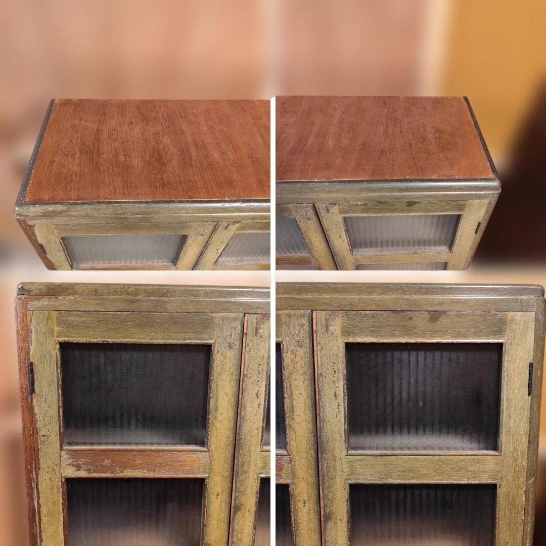 訳あり 昭和レトロ キャビネット モールガラス 収納棚 本棚 修復あり