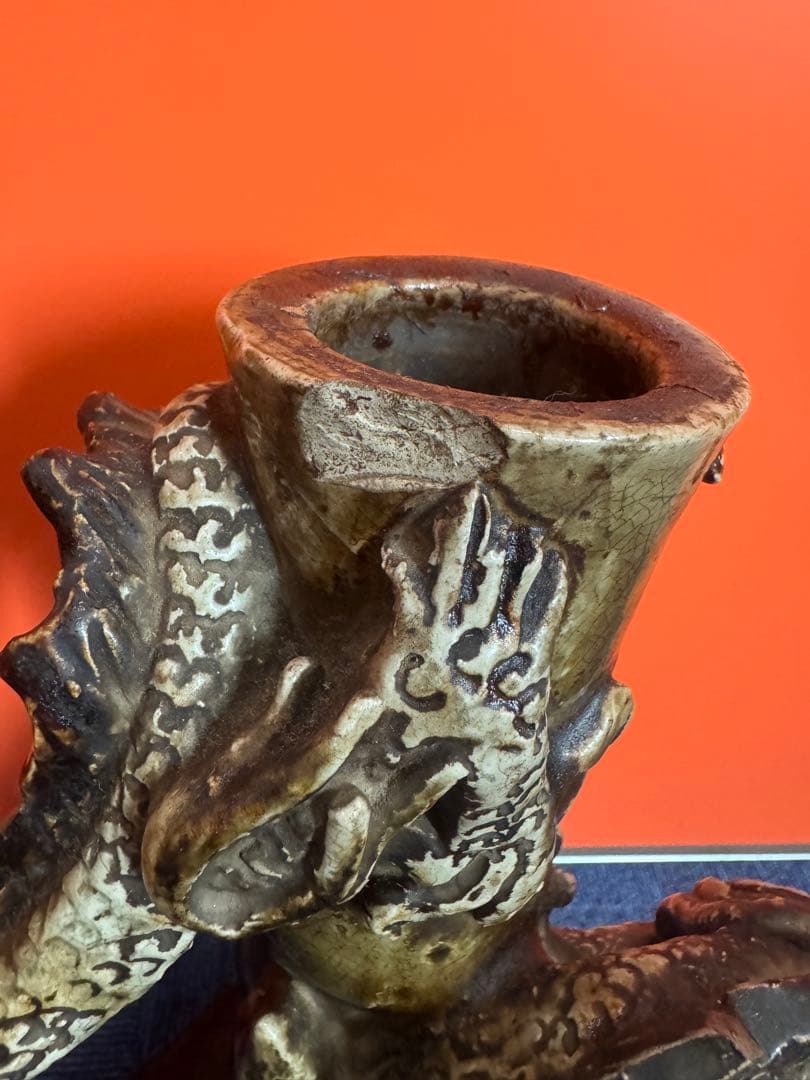 1814  激レア　初代唐津焼　龍型花瓶　花台付き　置物　時代物