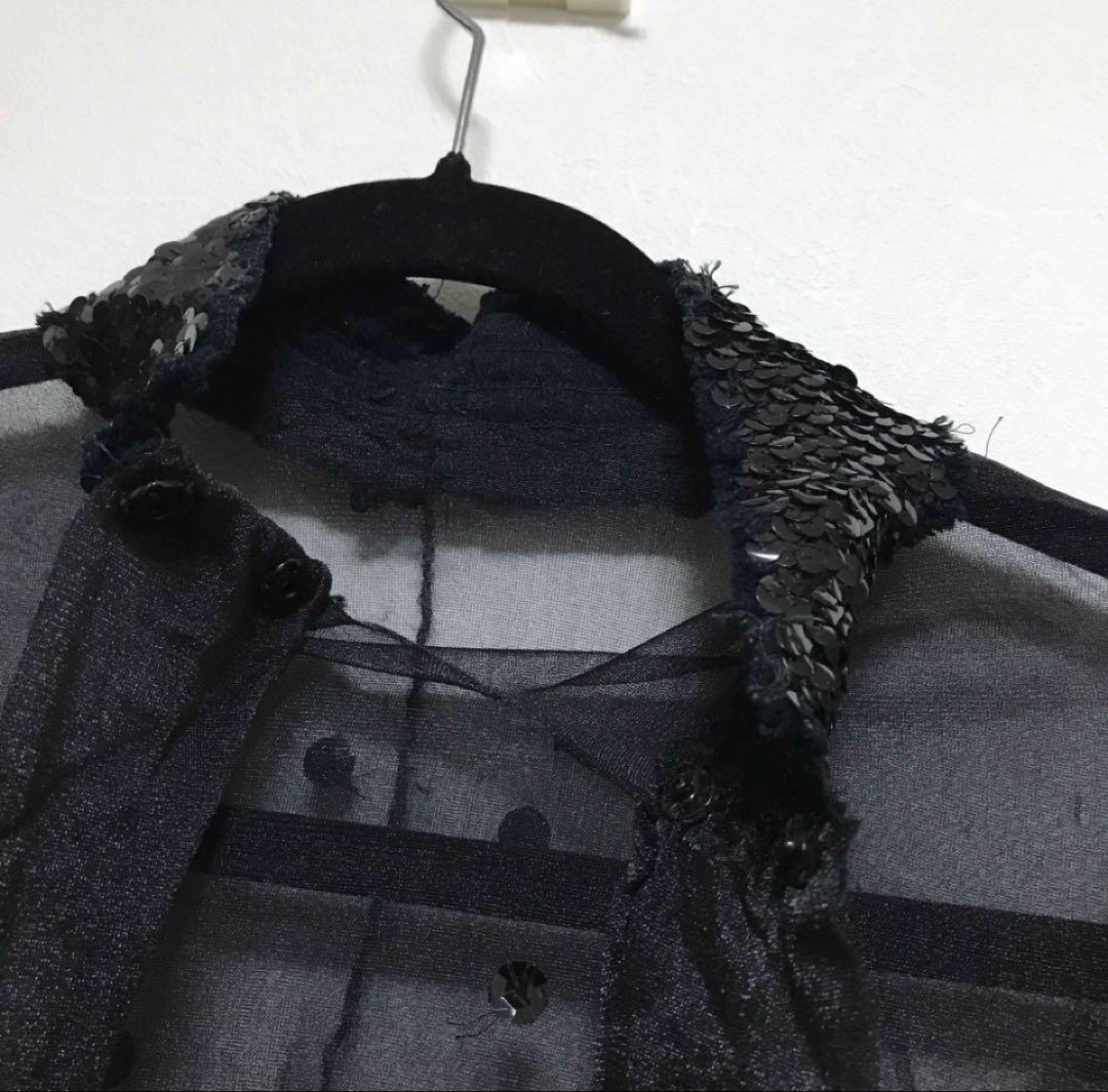 手作りダンス衣装　黒のシースルーシャツ スパンコール装飾