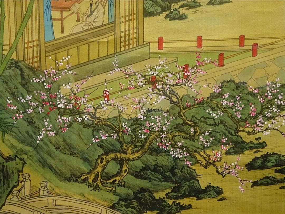 掛軸 王依渓『竹桃貴人の図』中国画 絹本 肉筆 共箱付 掛け軸 g030314