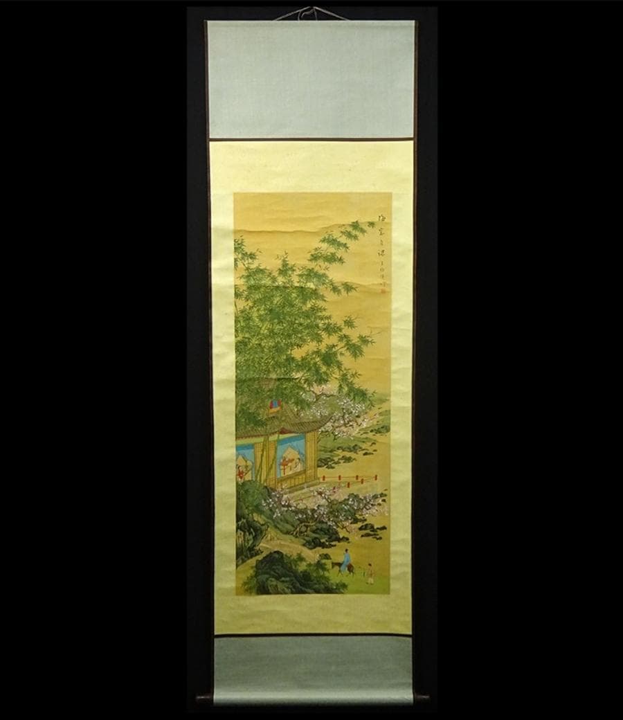 掛軸 王依渓『竹桃貴人の図』中国画 絹本 肉筆 共箱付 掛け軸 g030314