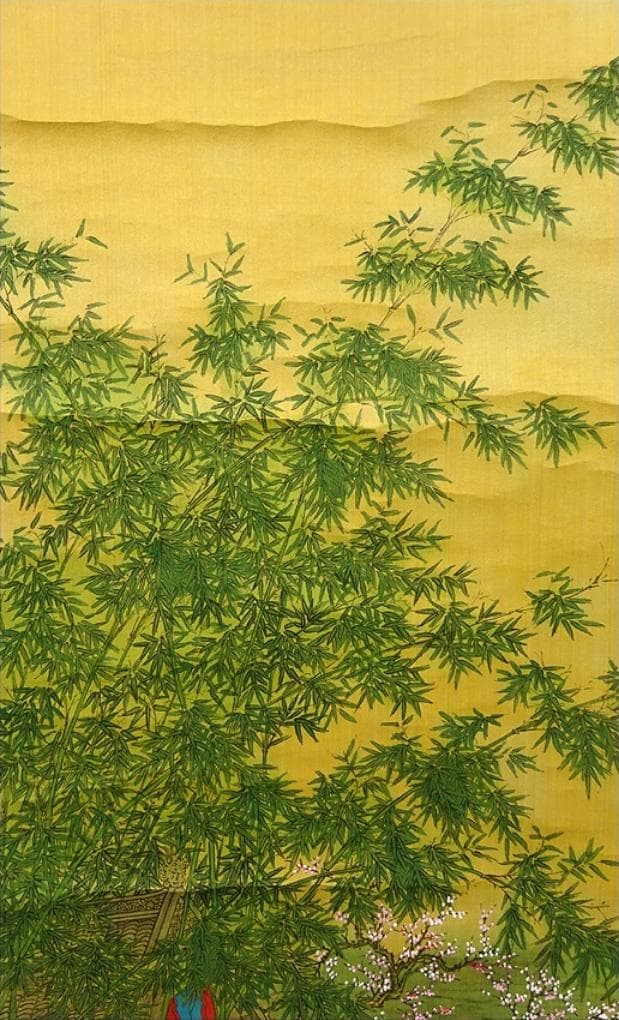 掛軸 王依渓『竹桃貴人の図』中国画 絹本 肉筆 共箱付 掛け軸 g030314