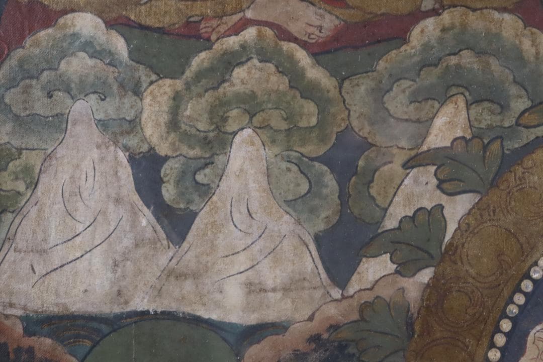 仏教美術 チベットタンカ 四臂観音像 絹本彩色 肉筆 仏画 タンカ 額装