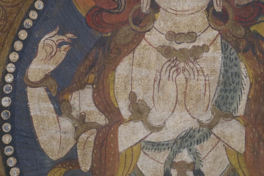 仏教美術 チベットタンカ 四臂観音像 絹本彩色 肉筆 仏画 タンカ 額装