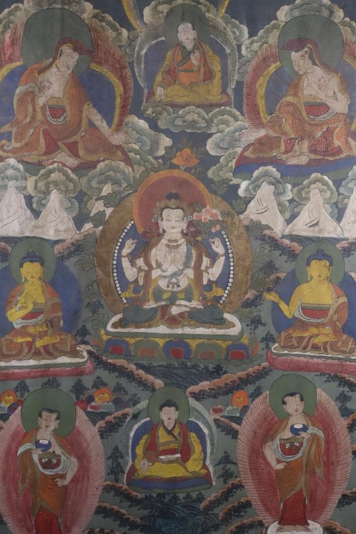 仏教美術 チベットタンカ 四臂観音像 絹本彩色 肉筆 仏画 タンカ 額装