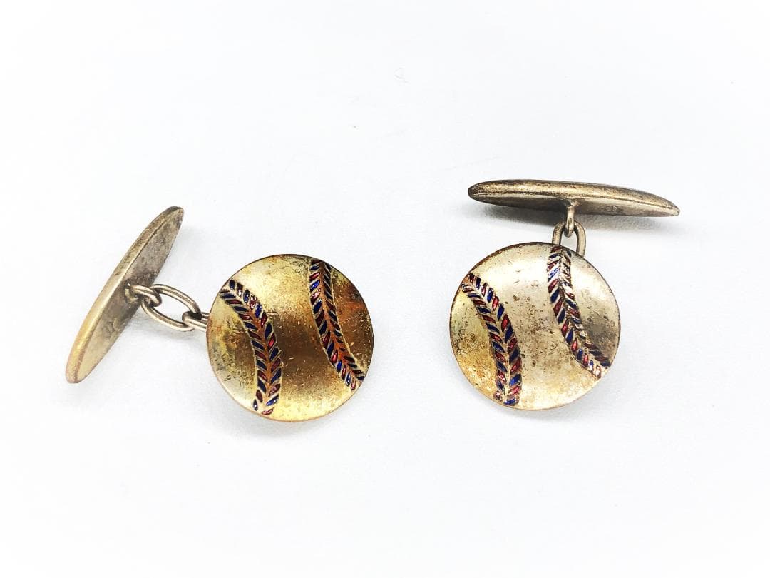 【 明治～大正 チェーンカフス対 】　野球ボール　銅地銀鍍金　エナメル象嵌