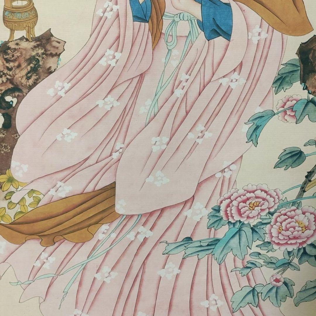 唐寅・貂蝉拜月図 中堂掛軸 帯証書・防偽標識付き 宣紙装裱／美術装飾画