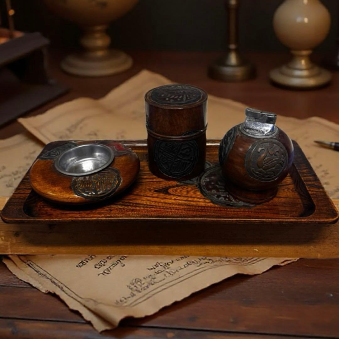 ⚫️ 煙草盆 喫煙具 セット 伝統 木彫り 烏城彫 アンティーク 昭和レトロ 希少
