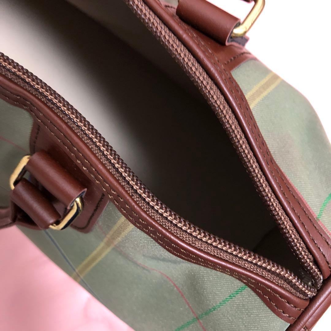 昭和　ボストンバッグ 緑色と茶色のチェック柄