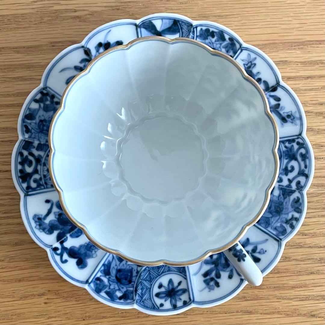 山本長左 藍九谷 菊型珈琲碗皿 樹花文 カップ＆ソーサー 染付 宮内庁御用達