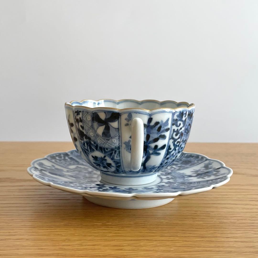 山本長左 藍九谷 菊型珈琲碗皿 樹花文 カップ＆ソーサー 染付 宮内庁御用達