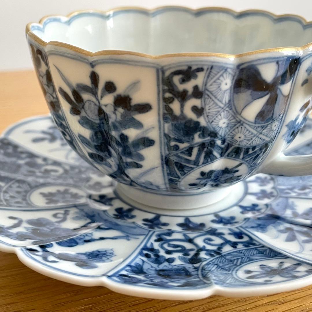山本長左 藍九谷 菊型珈琲碗皿 樹花文 カップ＆ソーサー 染付 宮内庁御用達