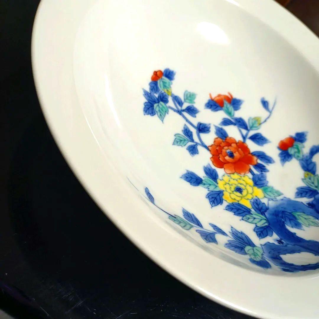 肥前大川内山　鍋島謹製　染錦牡丹画8寸高台　櫛歯文様　色鍋島　菓子器　共箱付き