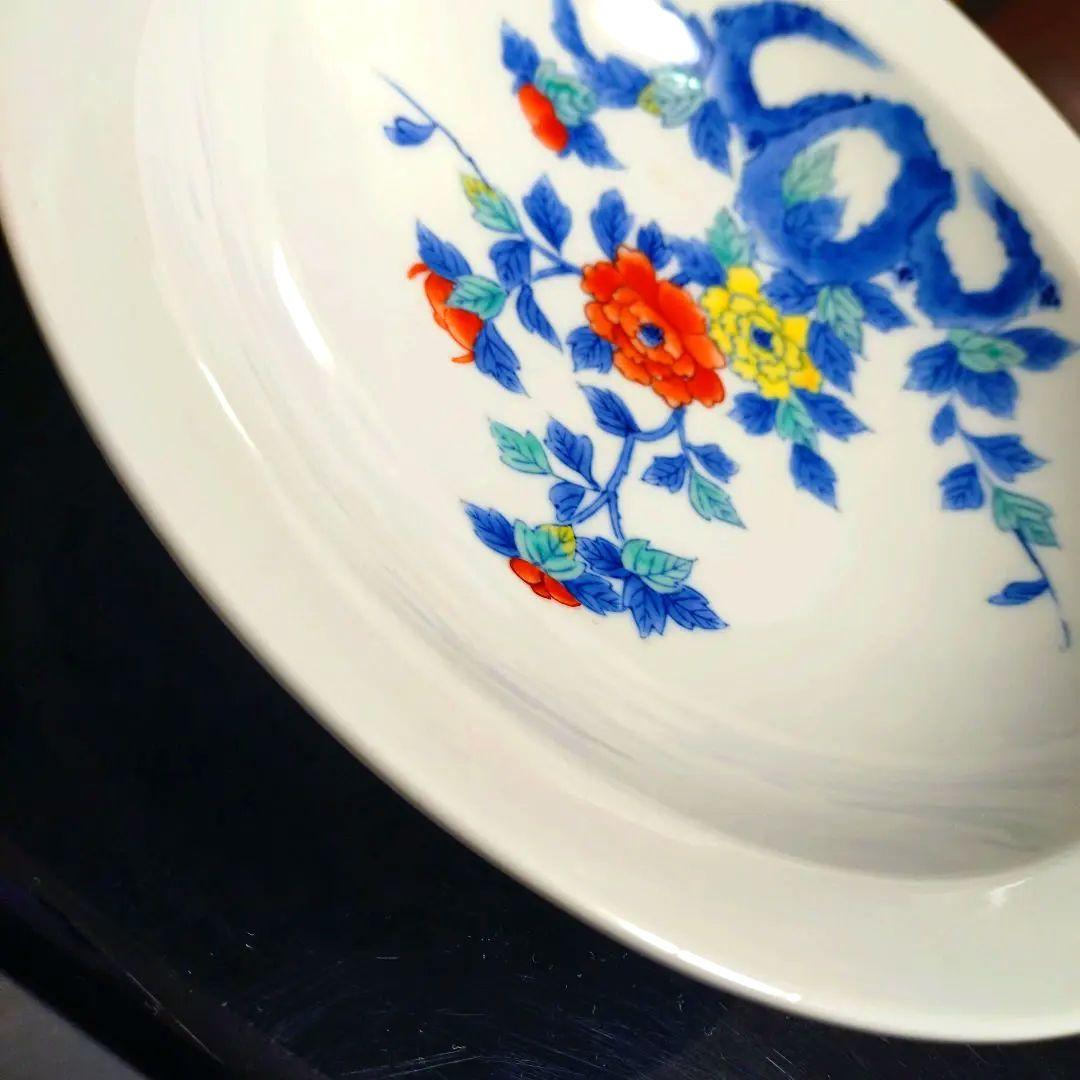 肥前大川内山　鍋島謹製　染錦牡丹画8寸高台　櫛歯文様　色鍋島　菓子器　共箱付き