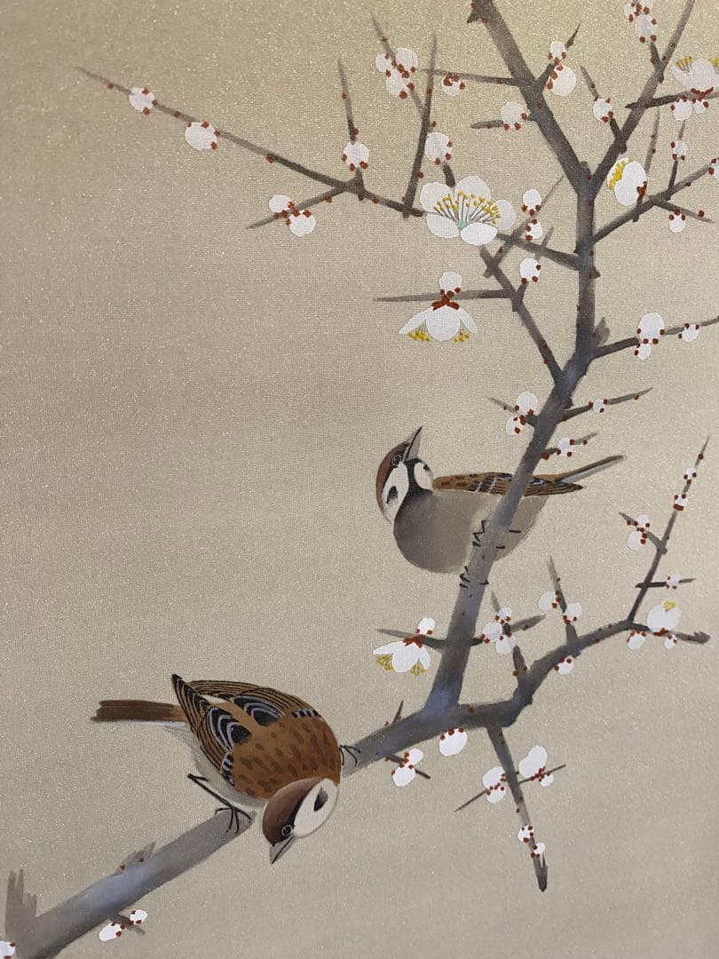 古美術 掛軸 隆大作 白梅花雀　共箱付 花鳥画
