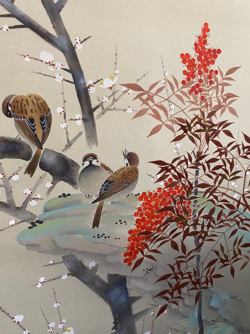 古美術 掛軸 隆大作 白梅花雀　共箱付 花鳥画