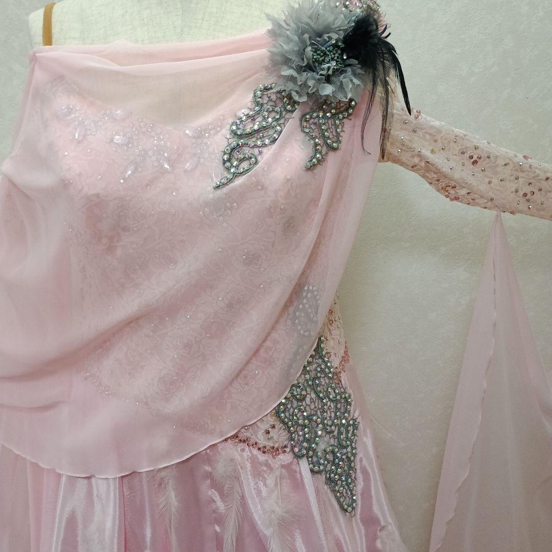 ピンク フリル付き社交ダンスドレス　L サイズ