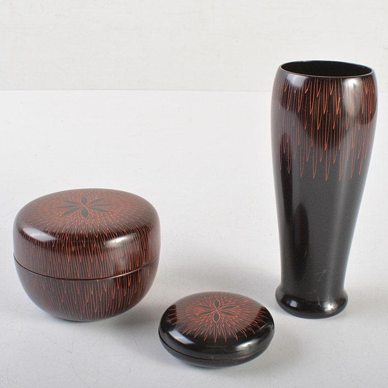 茶道具　黒漆　花蒔絵　桑茶箱　茶碗　棗など　六点一式　仕覆付　共箱　MR7276