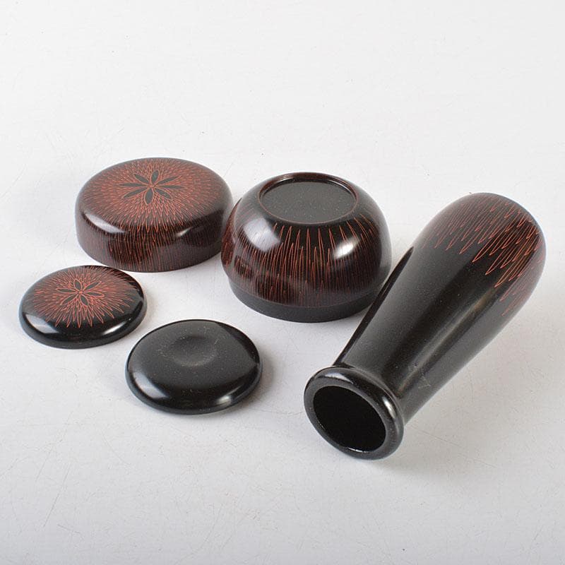 茶道具　黒漆　花蒔絵　桑茶箱　茶碗　棗など　六点一式　仕覆付　共箱　MR7276