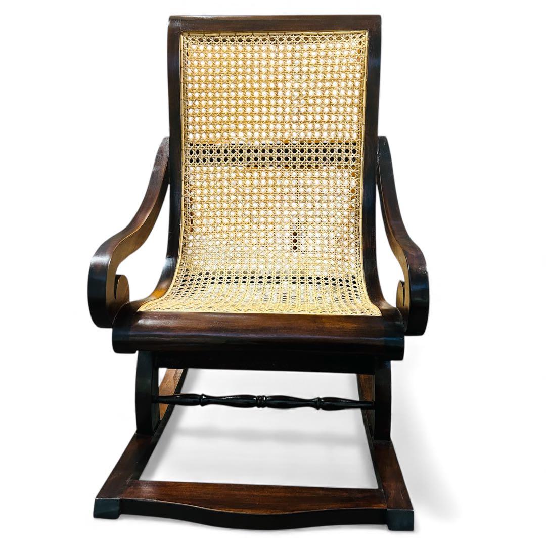 【引き取り限定】ロッキングチェア 木製 チーク×ラタン （藤）ゆったり座れます