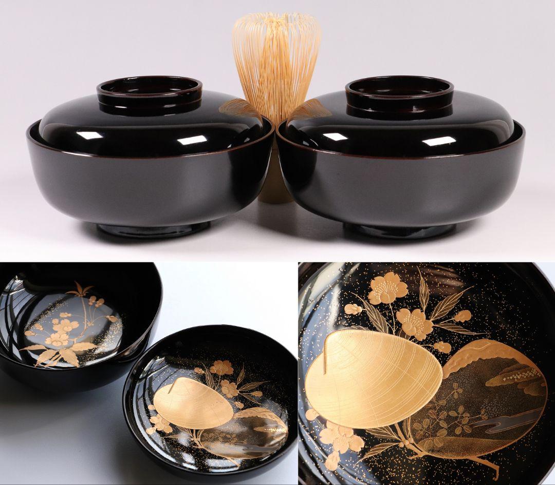 CL72 加賀蒔絵 貝合わせ蒔絵 黒塗椀 二客 蛤 桜 本金 梨地 木製漆器