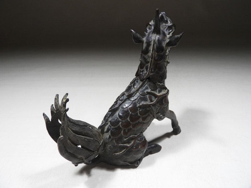 ●貴重 時代物 麒麟銅香炉 神獣 瑞獣 古銅 斑紫銅色 唐金 高さ16.5cm