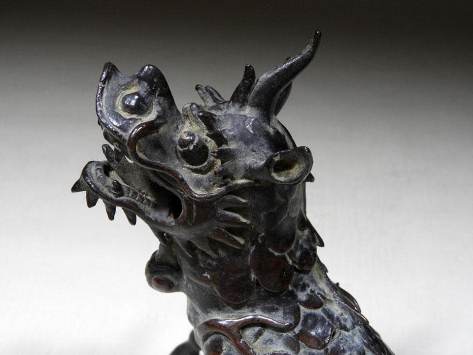 ●貴重 時代物 麒麟銅香炉 神獣 瑞獣 古銅 斑紫銅色 唐金 高さ16.5cm