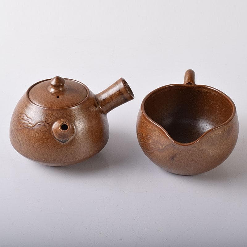 佐渡無名異焼　藤井波山造　朱泥　茶碗五客　急須　湯冷　茶器揃　共箱　VR8436