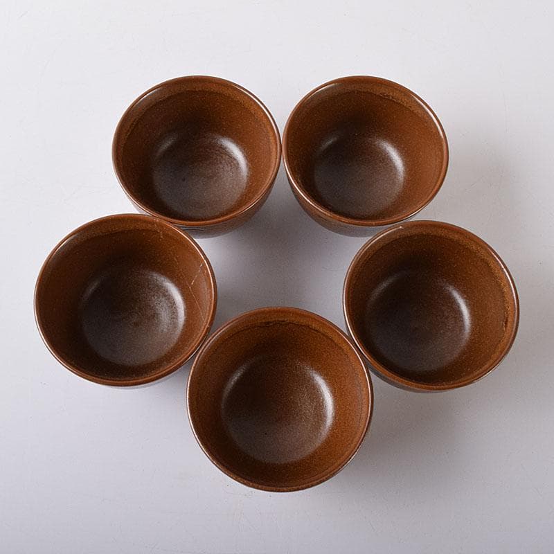 佐渡無名異焼　藤井波山造　朱泥　茶碗五客　急須　湯冷　茶器揃　共箱　VR8436