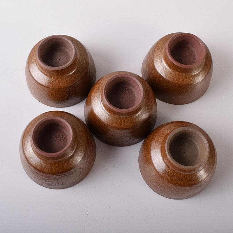 佐渡無名異焼　藤井波山造　朱泥　茶碗五客　急須　湯冷　茶器揃　共箱　VR8436